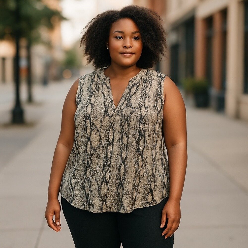 LIZ CLAIBORNE Snake Print Women's Tank Blouse SZ XL Black White Beige Mob Wife